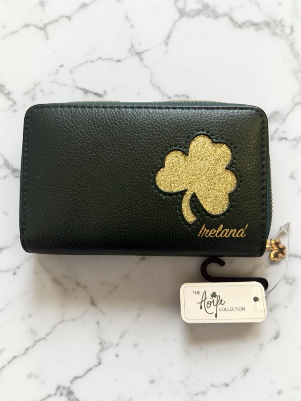 New With Tags Ireland Green Faux Leather Zip Wallet with Gold Clover